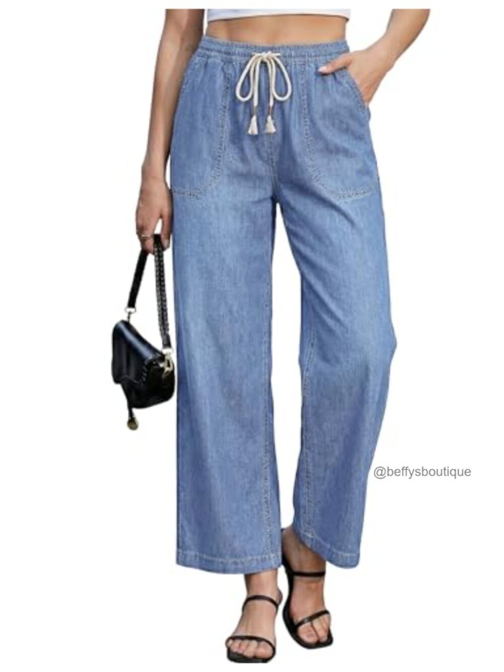 Wide Leg High Waisted Drawstring Pull-On Denim Jeans Ankle Length